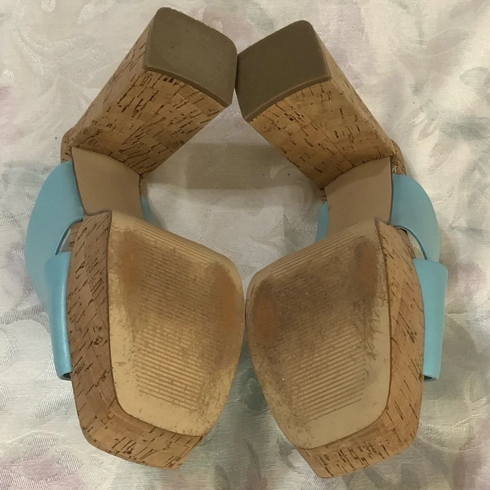Marc Fisher Farlow Aqua Crisscross Platform High Cork Heel Sandals sz 8.5